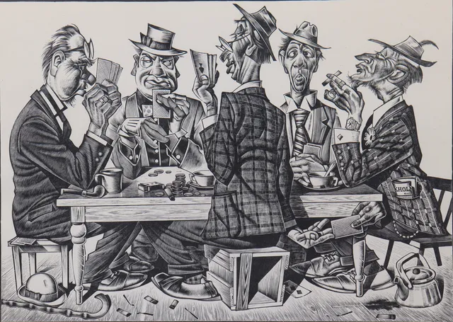 ALEKSANDER RISTMÄGI (Estland, 1902-1972), träsnitt/handtryck, pokerspel.