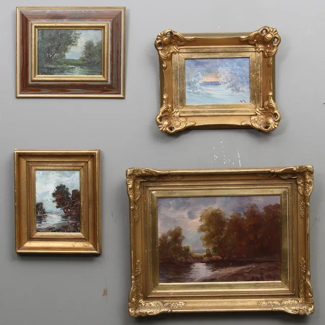 OLOF DYNET. "landskapsbilder", 4 st, Olja på pannå.