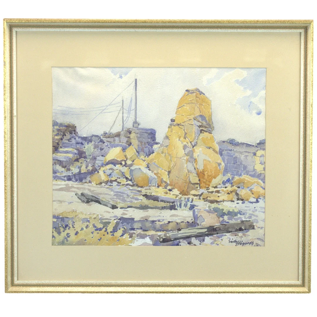 GÖSTA HÖGARDH. Blandteknik på papper, motiv från Söndrum, "Efter sprängskottet", signerad. — Paintings — Höganäs Auktionsverk