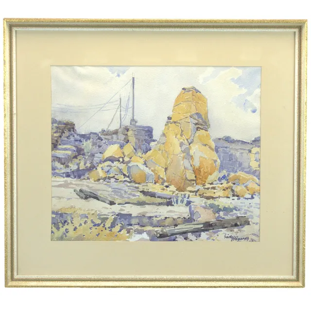 GÖSTA HÖGARDH. Blandteknik på papper, motiv från Söndrum, "Efter sprängskottet", signerad.