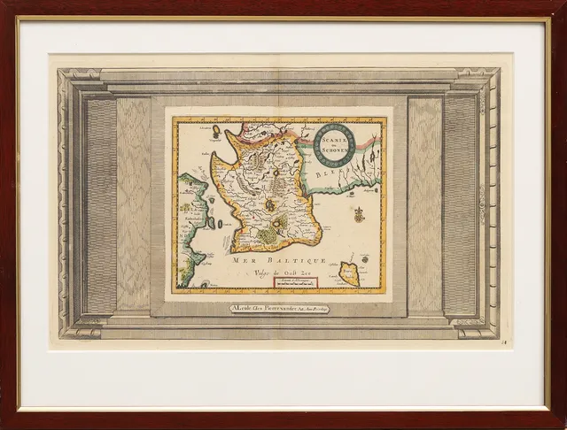 ANTIK KARTA. Kolorerat kopparstick. "Scania vulgo Schoen" efter Johannes Janssonius. Senare utgåva av Pierre Vander, Leiden, 1700-tal.