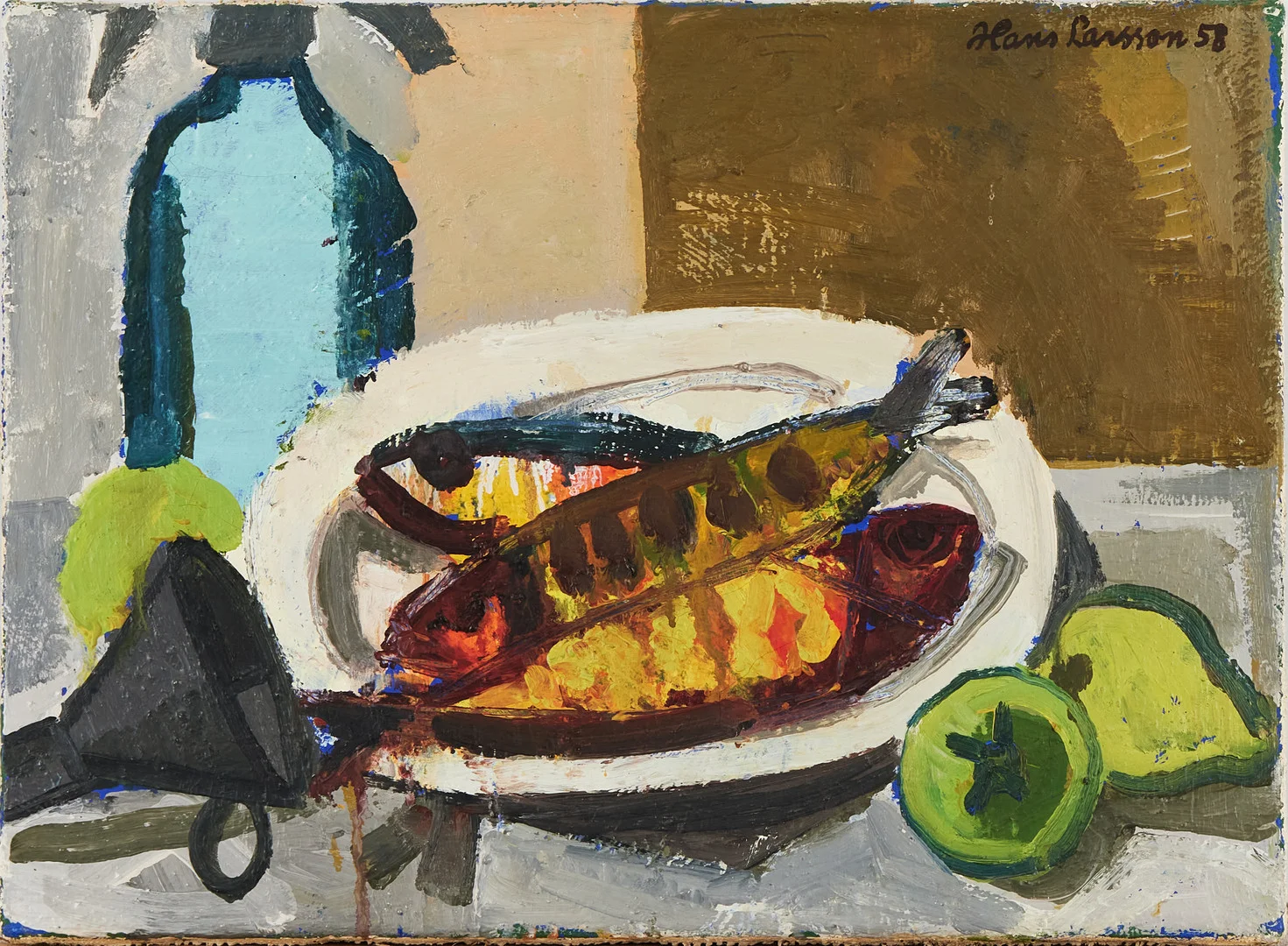 HANS LARSSON. Stilleben med fisk, olja på duk, signerad Hans Larsson, -58. — Paintings — Stockholms Auktionsverk Magasin 5