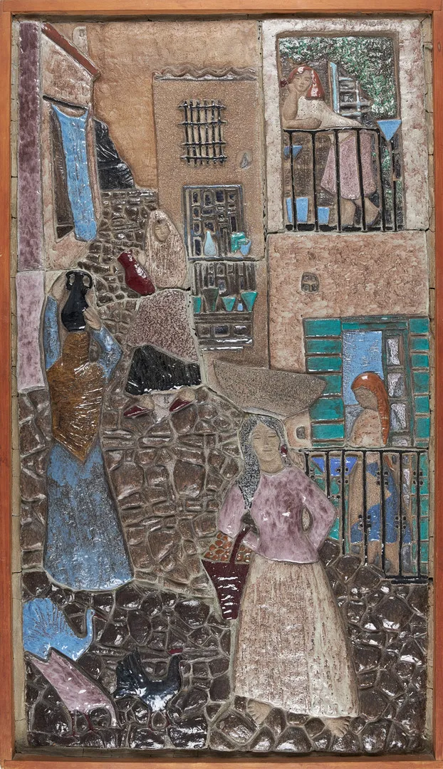 GUNNEL FRIEBERG. "Spansk småstadsgata", relief, stengods, delvist glaserad, sammanfogade sektioner monterad i träram, signerad, etikett med titulering.