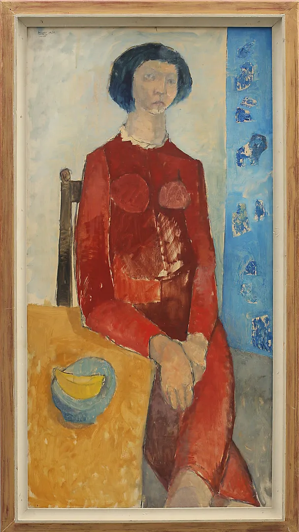 RUNE CLAESSON. Kvinna i röd klänning, olja på pannå, signerad och daterad, Rune C 1952.