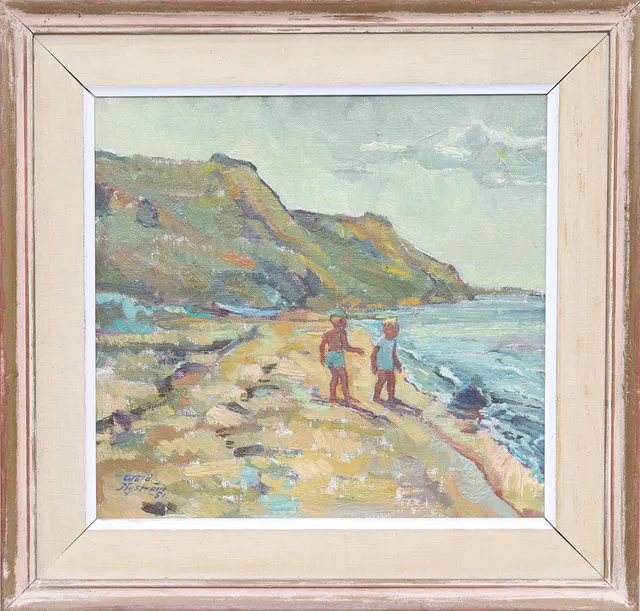 WALDEMAR NYSTRÖM. olja på pannå, "Barn på Stranden, Hven", signerad Wald. Nyström & daterad -51.