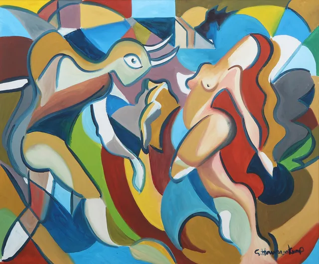 GÖRAN HAUSENKAMP. Oljemålning på duk. Komposition med figurer. Signerad.
