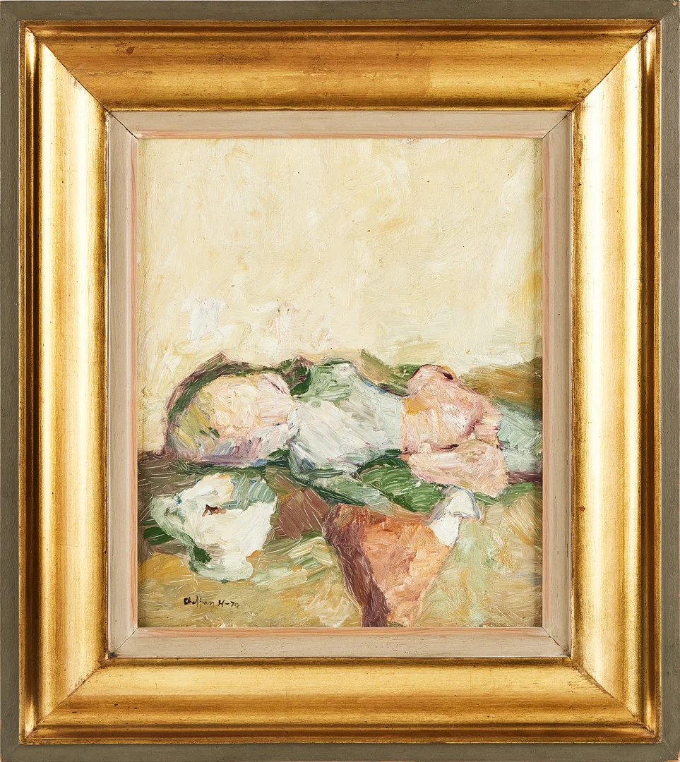STAFFAN HALLSTRÖM. Docka med lergök, olja på pannå, signerad, daterad. — Paintings — Stockholms Auktionsverk Magasin 5