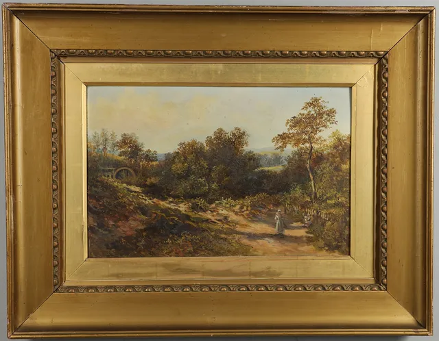E** WEST (CIRCA 1880-1920). RUSTIC FAMILY ON A TRACK NEAR A WATERMILL IN A COUNTRY LANDSCAPE.