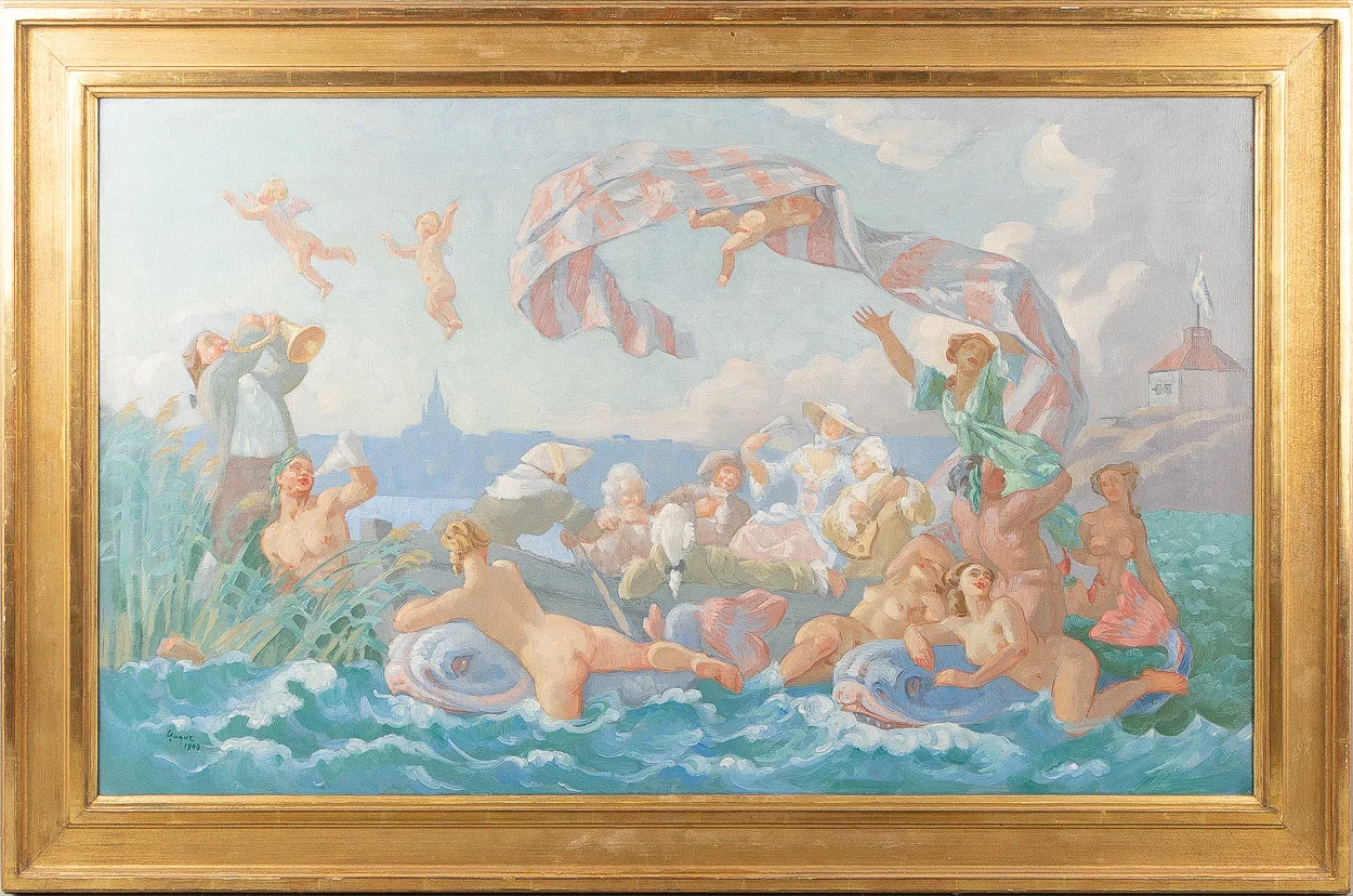 YNGVE BERG (1887-1963). "Ullas överfart till Djurgården", olja på duk. — Paintings — Stockholms Auktionsverk Helsingborg