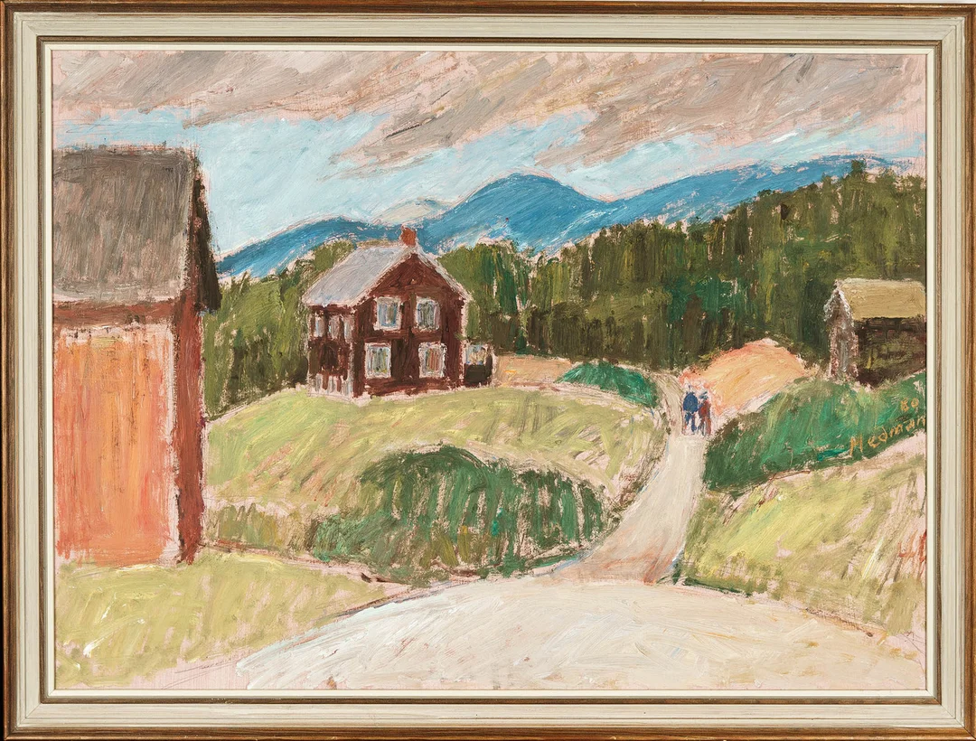 JOHN HEDMAN. Olja på pannå, Husmotiv/Sensommar , Signerad, 1980. — Paintings — Norrlands Auktionsverk