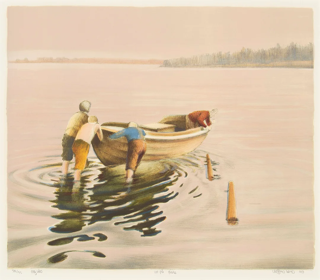 Sand, Vebjørn — "Ut på fiske" 1990 — Kunst/Grafikk — Blomqvist