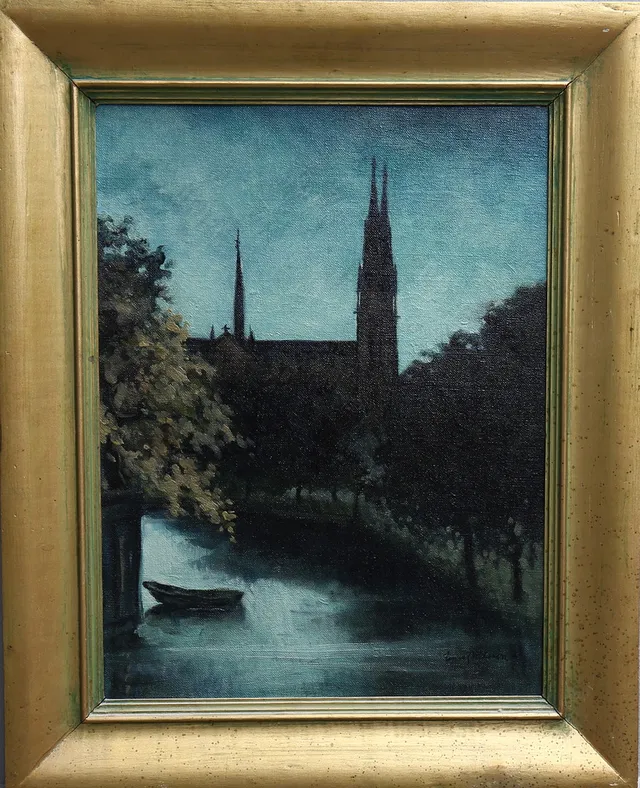 ERNST NILSSON. Olja på pannå, Kvällsvy över Uppsala domkyrka, signerad.