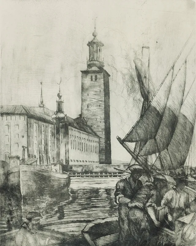 GASTON SMIDT (1898-1976). "Stadshuset Stockholm", signerad, etsning.