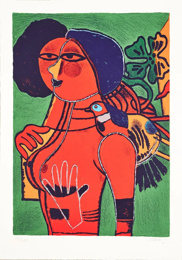 CORNELIS VAN BEVERLOO CORNEILLE (HOLLAND, 1922-2010):. Komposition med kvinna och fågel, signerad samt numrerad 66/200, färglitografi.