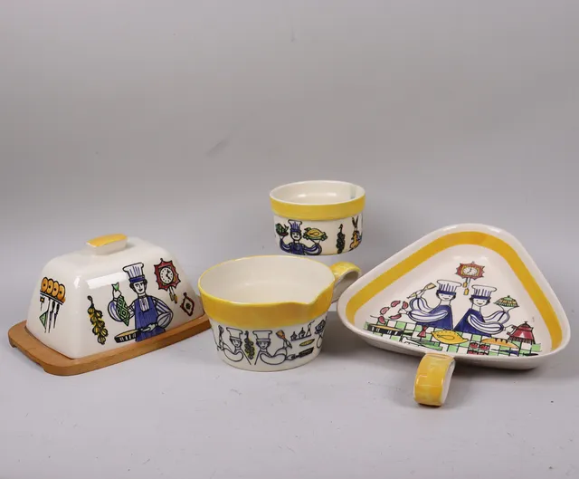 ANITA NYLUND (1931-2023). för JIE, "Cockie", ostkupa, karotter samt skål, flintgods, 4 delar.