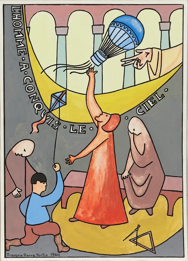 FRANCOIS PIERRE PORTIN. "L´HOMME A CONQUIS LE CIEL" signerad och daterad Francois Pierre Portin 1964, gouache.
