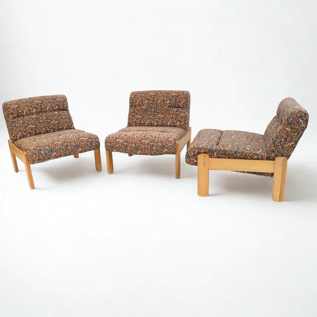 FÅTÖLJER 3st, 1900-talets andra hälft, furu med textil klädsel, omärkta.