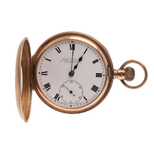 A 9CT GOLD HALF HUNTING CASED POCKET WATCH BY JOHN VINCENT, WEYMOUTH.