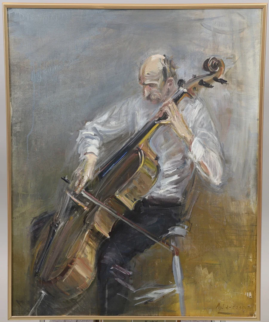 ALVAR JANSSON. Cellospelare, olja på duk, signerad. — Paintings — Växjö Auktionskammare