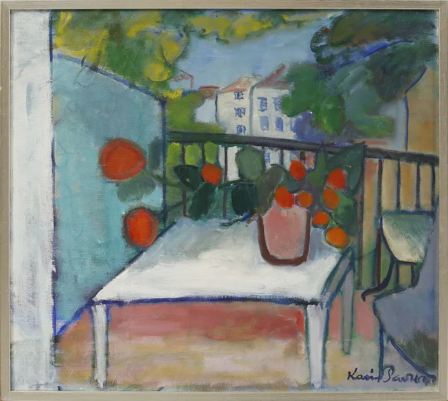 KARIN PARROW (1904-1984). Utsikt från balkong. Olja på duk.