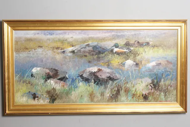 KNUT VALINDER. Olja på duk, "Änder", signerad.