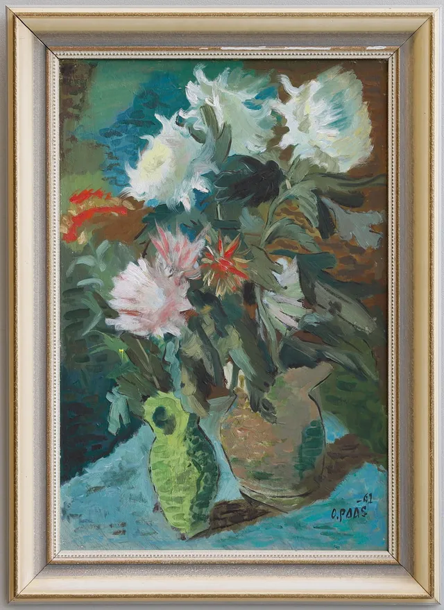 OTTO PAAS. Olja på pannå, Blomsterstilleben, signerad och daterad -61.