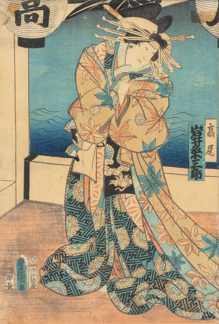 UTAGAWA KUNISADA (1786–1864). "Iwai Kumesaburo III as the Courtesan Takao", träsnitt, Japan 1800-tal. — Other — Auktionshuset Kolonn