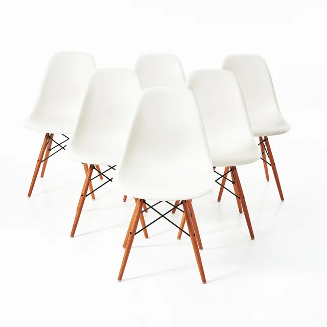 CHARLES & RAY EAMES. "Plastic Chair DSW", stolar, 6 st., Vitra, benställning i metall och lönn, sitsar i vit plast.
