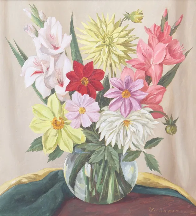 OIDENTIFIERAD KONSTNÄR. Olja på duk, blomstilleben, otydligt signerad.
