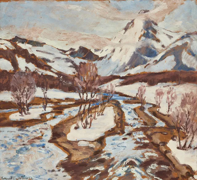 RIKARD LINDSTRÖM (1882-1942). "Fjället bakom Svolvaer i Lofoten", signerad, daterad -26, olja på pannå.
