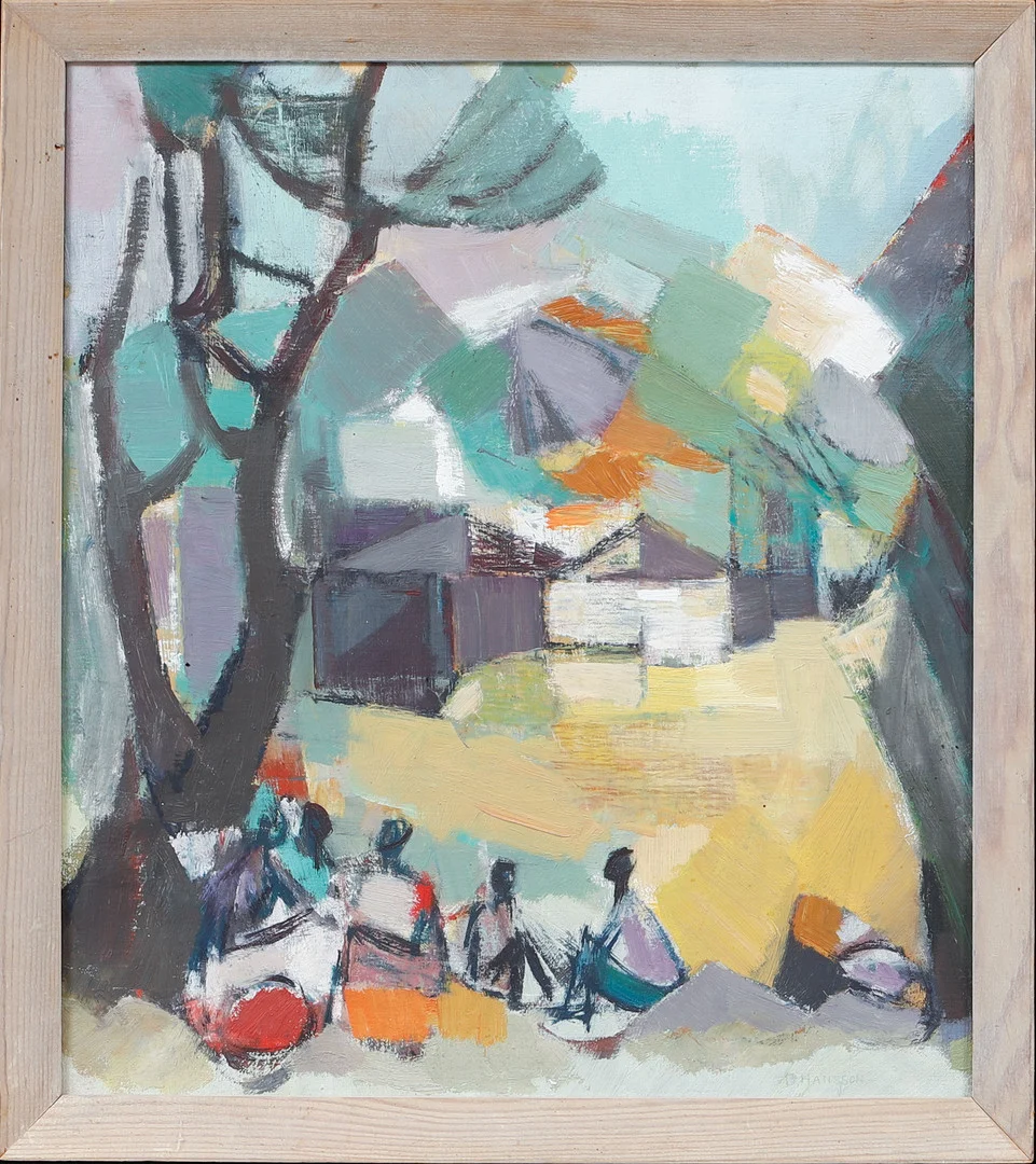 BRITA HANSSON. Figurer och hus, olja på duk, signerad. — Paintings — Göteborgs Auktionsverk