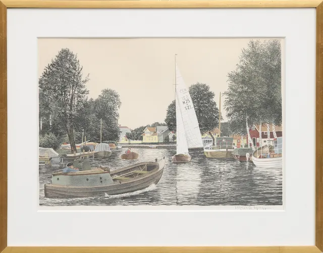 REINHOLD LJUNGGREN. Hamnen i Trosa, litografi, signerad och numrerad 283/360.