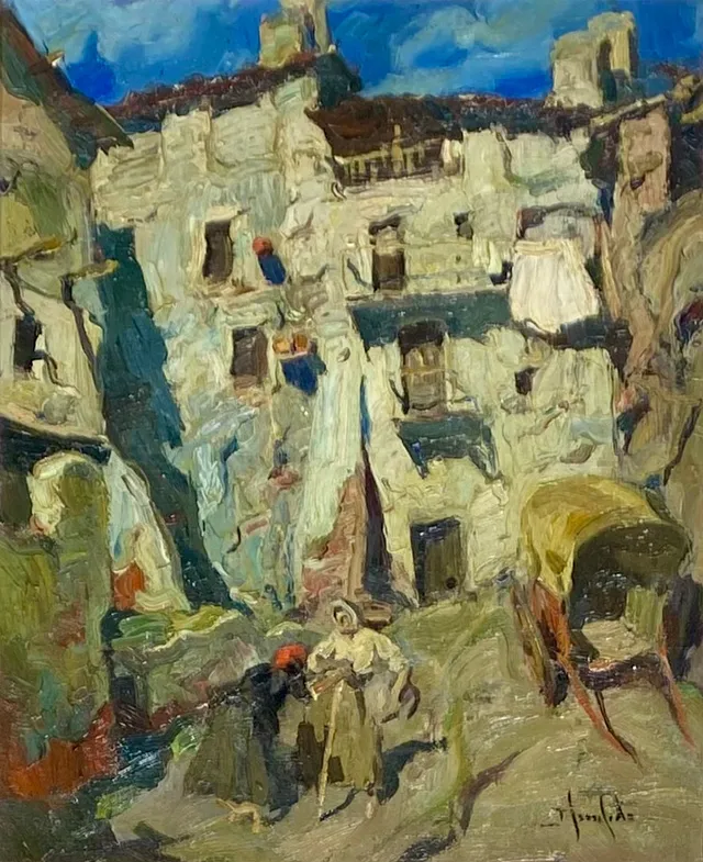 JOSEP SERRASANTA. ÓLEO SOBRE LIENZO.VISTA DE PUEBLO.
