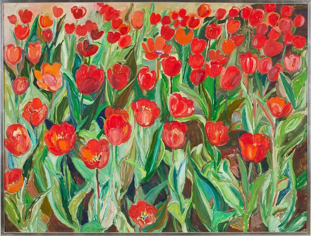 MARGARETA CARLSTEDT (F. 1934). "Tulpanrabatt", olja på pannå, signerad, daterad 74.