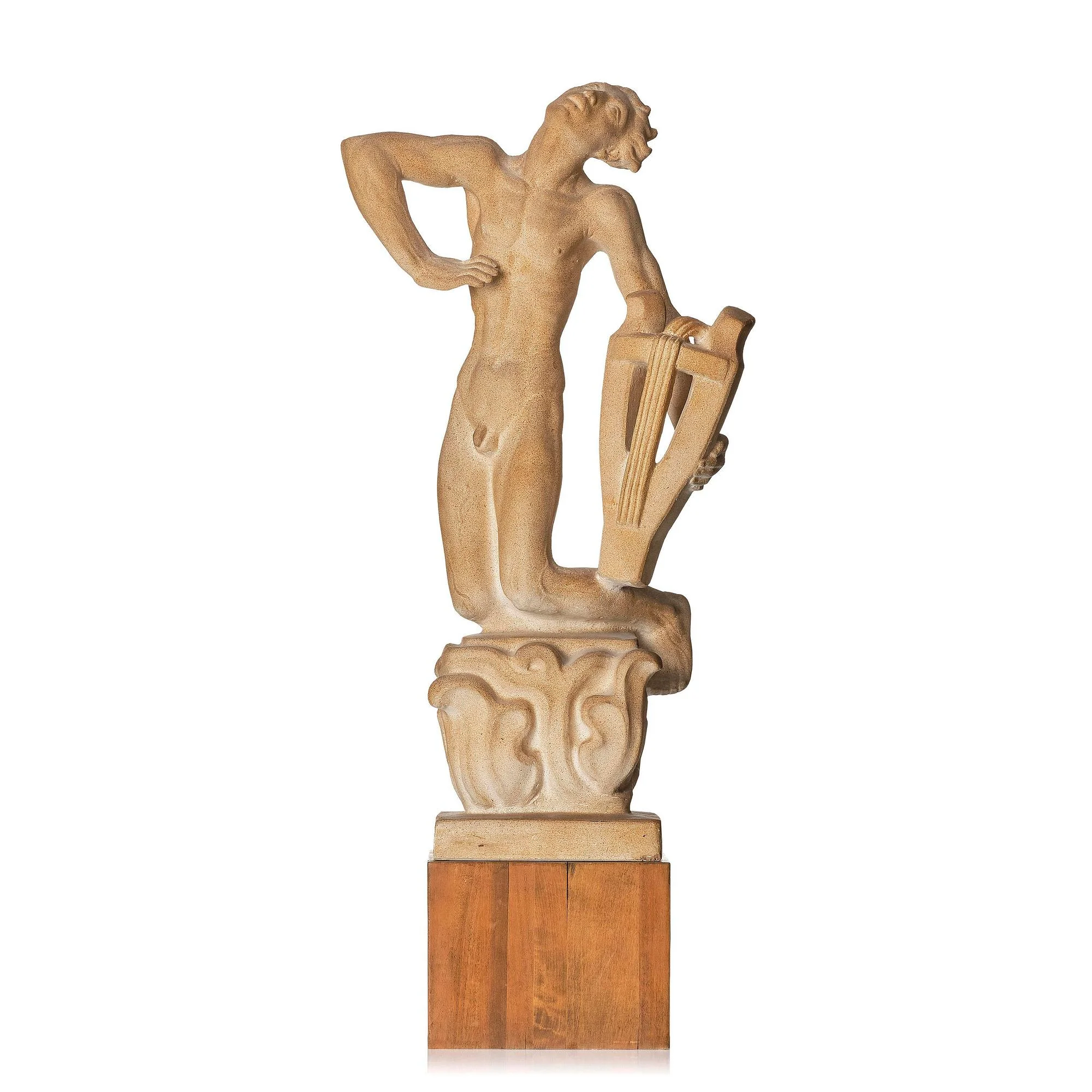 John Lundqvist, skulptur, lyrspelare, patinerad gips, daterad 1928. — Bukowskis