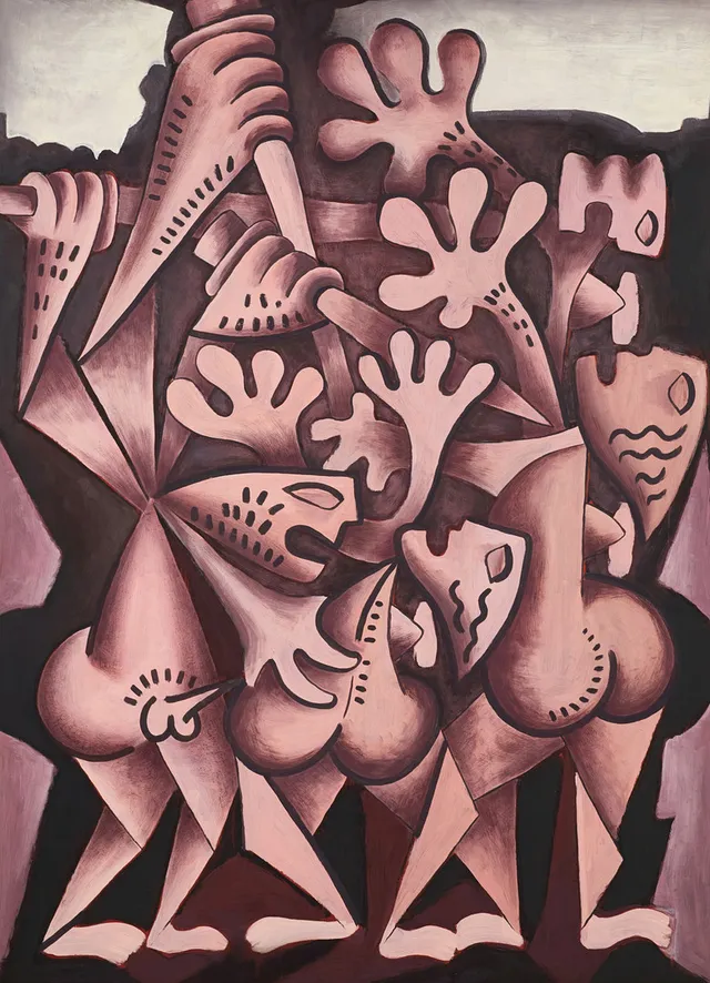 HEINZ SEVENICH (Aachen/Tyskland 1935-2023) "Der Mord", signerad och daterad a tergo 30-10-65, olja på pannå.