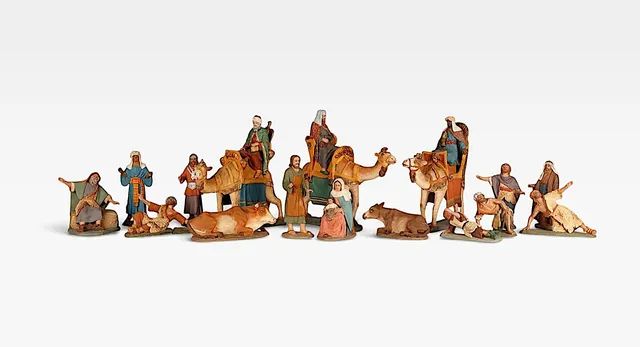 MANUEL MUNS (1903-1995). Pesebre con la Sagrada Familia, el anuncio a los pastores y los Reyes Magos.