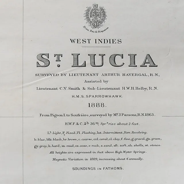 SJÖKORT, tryck på papper, "West Indies St. Lucia", London, daterad 1888.