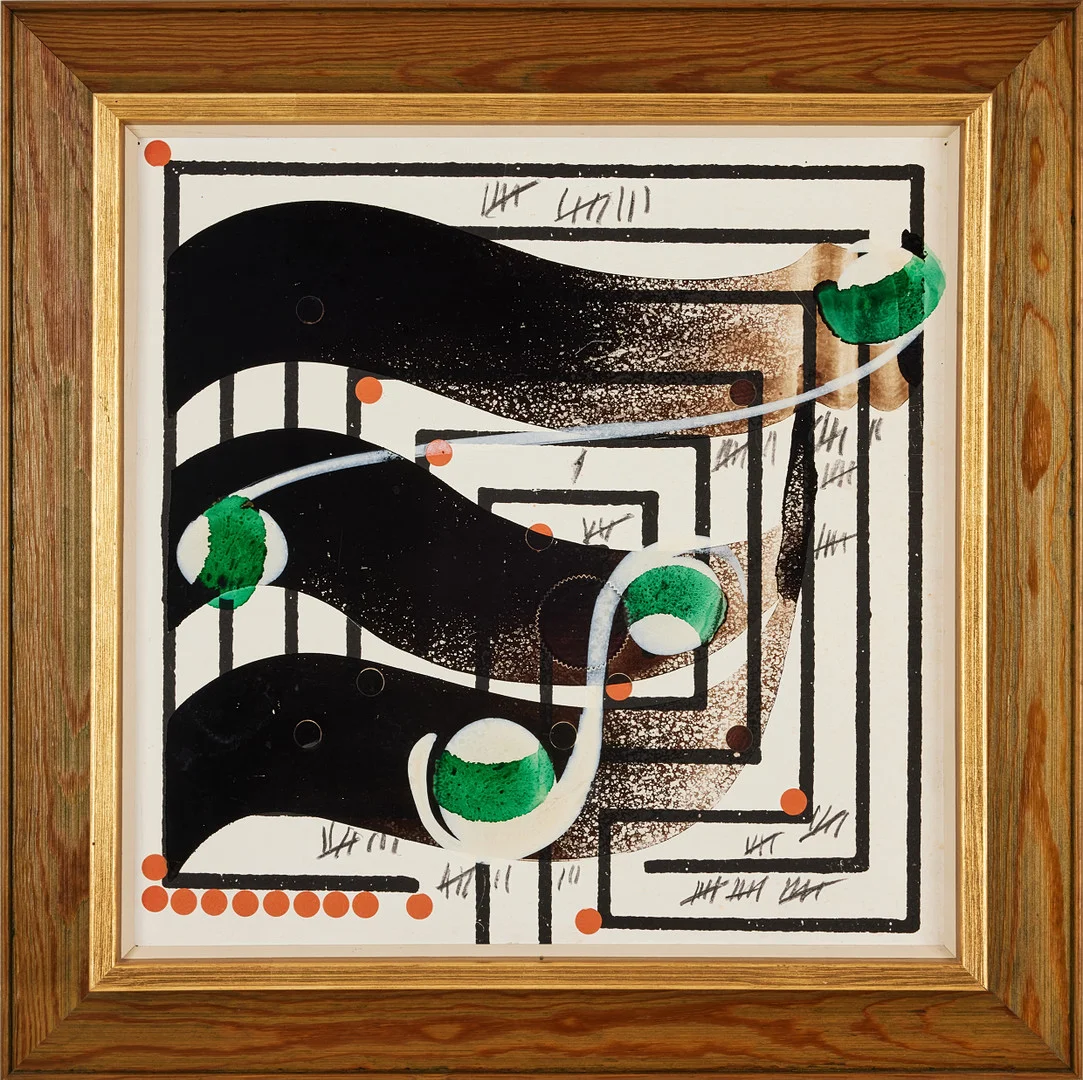 CARL FREDRIK REUTERSWÄRD. Spel i labyrinten, lack, tempera och collage på pannå, 45 x 44 cm. — Paintings — Stockholms Auktionsverk Fine Art
