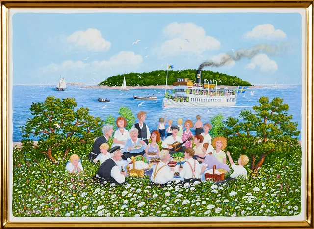 BERT HÅGE HÄVERÖ. "Söndagsutflykt vid Stockholms yttre skärgård", olja på duk, 50,5 x 70 cm.