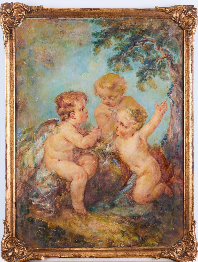 OIDENTIFIERAD KONSTNÄR. Tre putti vid fågelbo, troligen sekelskiftet 1900, olja på duk; kopia efter Guillaume Taraval ( 1701-1750). — Paintings — Stockholms Auktionsverk Magasin 5