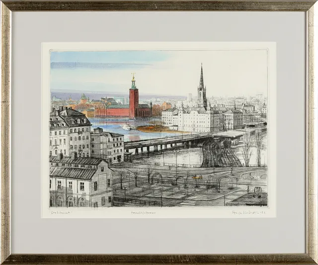 HASSE LINDROTH (född 1938): Stockholmsmotiv, Stadshuset, signerad och daterad, kolorerad torrnålsgravyr.