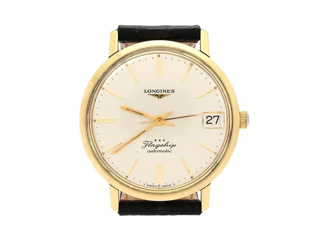 LONGINES, Flagship (T Swiss Made T), Cal 345, Serie nr. 13498821, Boett nr. 3318-4 / 433, herrur, 35 mm, guld på stål, automatisk, plexiglas, datum, skadad urtavla/visare, defekt (akut servicebehov), läderband, originalspänne i doublé (ej tidsenlig), ca 1966, box (ej komplett)..