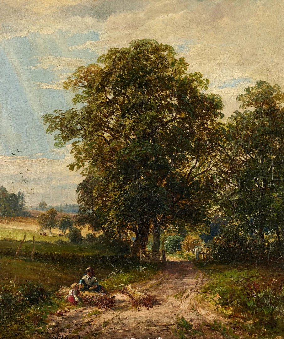 DAVID PAYNE (C.1843/44-1891). Mor och barn längst byväg, signerad David Payne, även signerad och daterad a tergo 1876, olja på duk. — Paintings — Crafoord Auktioner Stockholm