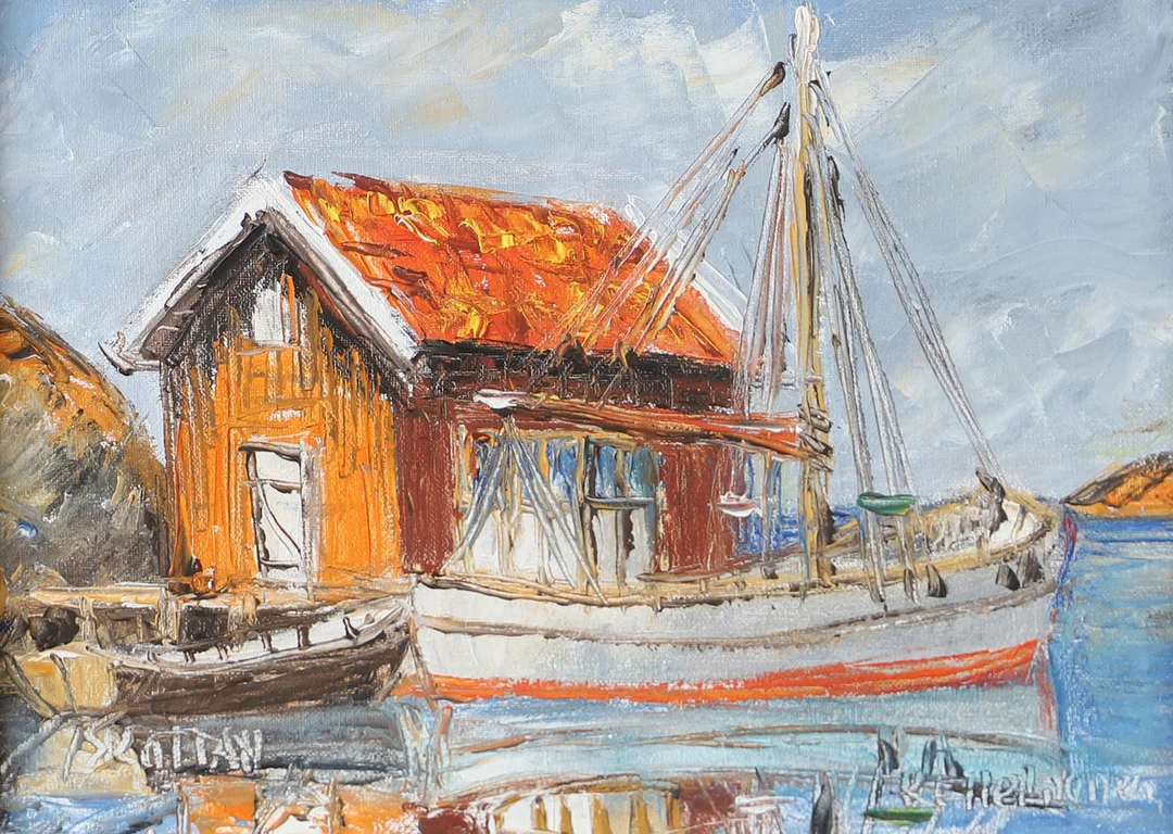 KURT ERIK HEINONEN. Fiskehamn med båt, olja på duk, signerad. — Paintings — Helsingborgs Auktionskammare