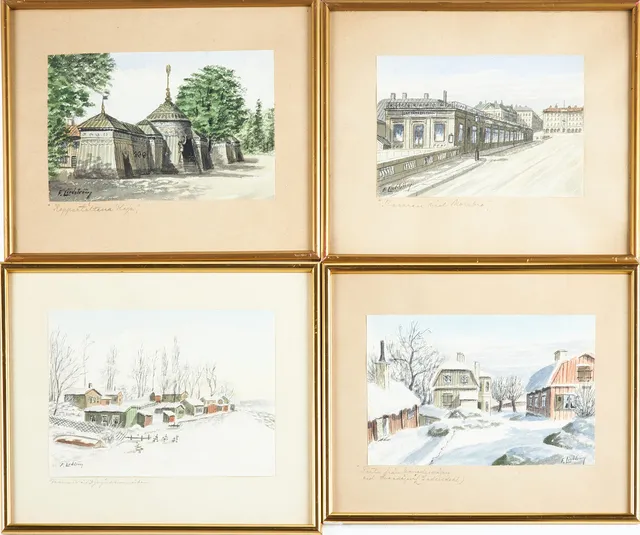 FRANS LINDSTRÖM (1874-1954). FRANS LINDSTRÖM (1874-1954). Gamla Stockholmsmotiv, 4 st., olika motiv, akvareller, signerad F. Lindström, bl.a. Koppartälten "Haga", Framnäs vid Djugårdsbrunnsviken, Parti från Vanadisvägen vid Sveavägen.