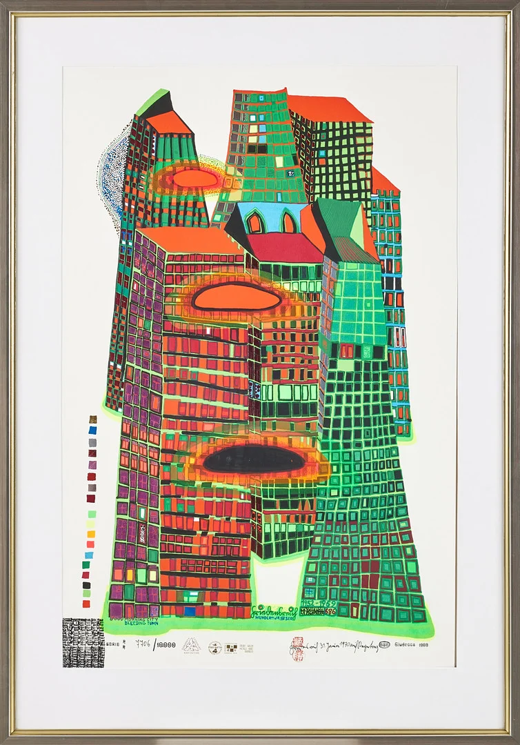 FRIEDENSREICH HUNDERTWASSER. "Good Morning City - Bleeding town". Färgserigrafi, 1969, signerad i trycket 7706/10000. S. — Engravings & Prints — Stockholms Auktionsverk Magasin 5