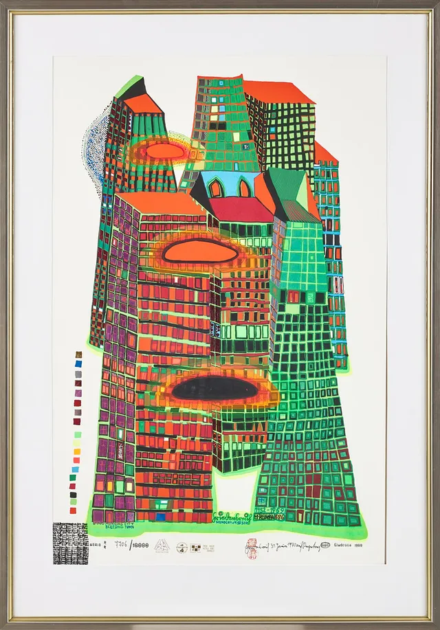 FRIEDENSREICH HUNDERTWASSER. "Good Morning City - Bleeding town". Färgserigrafi, 1969, signerad i trycket 7706/10000. S.