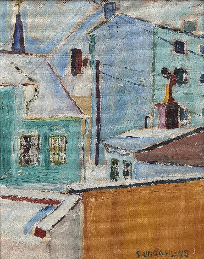 STEN LINDAHL. Motiv från Oskarshamn. Olja på pannå, signerad och daterad -45. — Paintings — Auktionshuset Thelin & Johansson