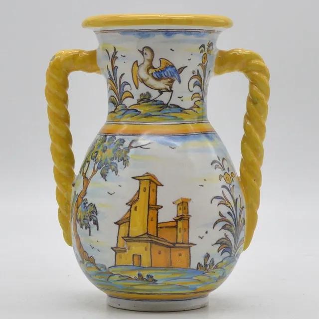 TALAVERA RUIZ DE LUNA, VASE MIT SCHNURHENKEL, NR. 61, MAJOLIKA, FARBIG GEFASST, SPANIEN, ENDE 19. JAHRHUNDERT, MIT BODENMARKE.